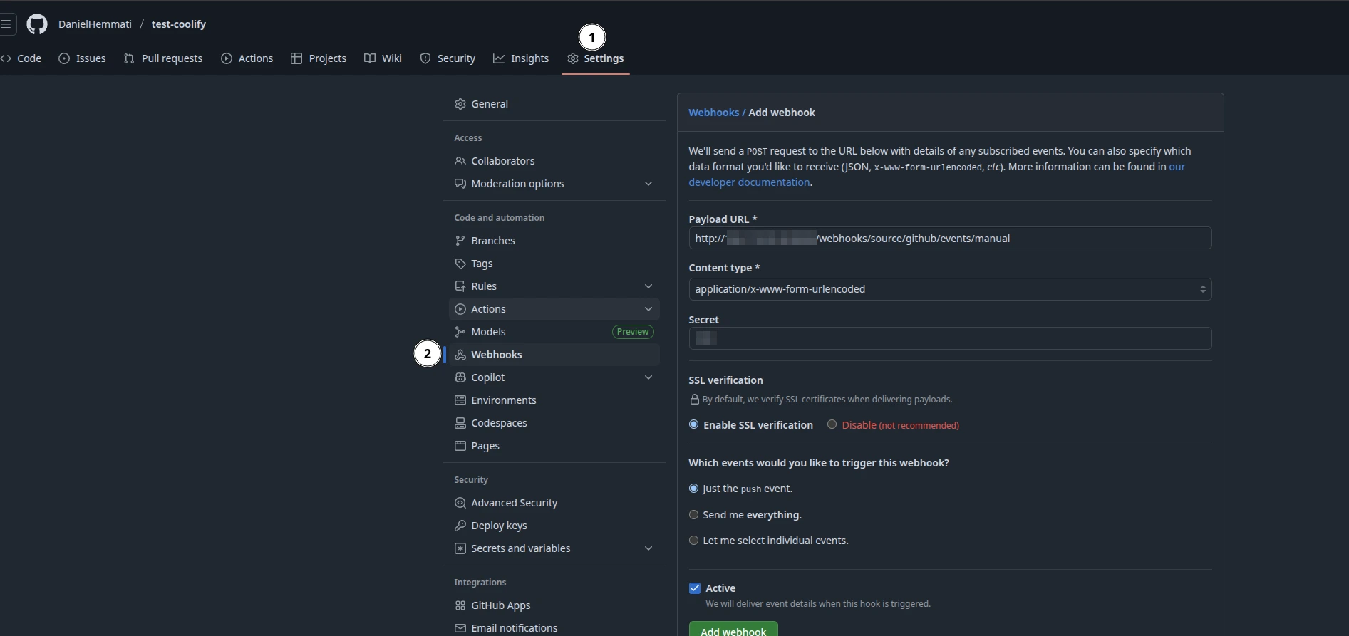 Github Settings Webhook configuration