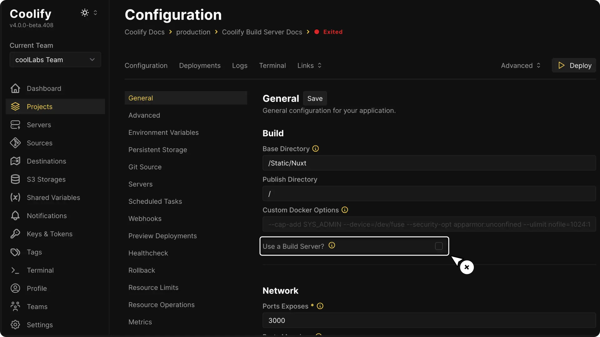 Use a Build Server setting on an application General page