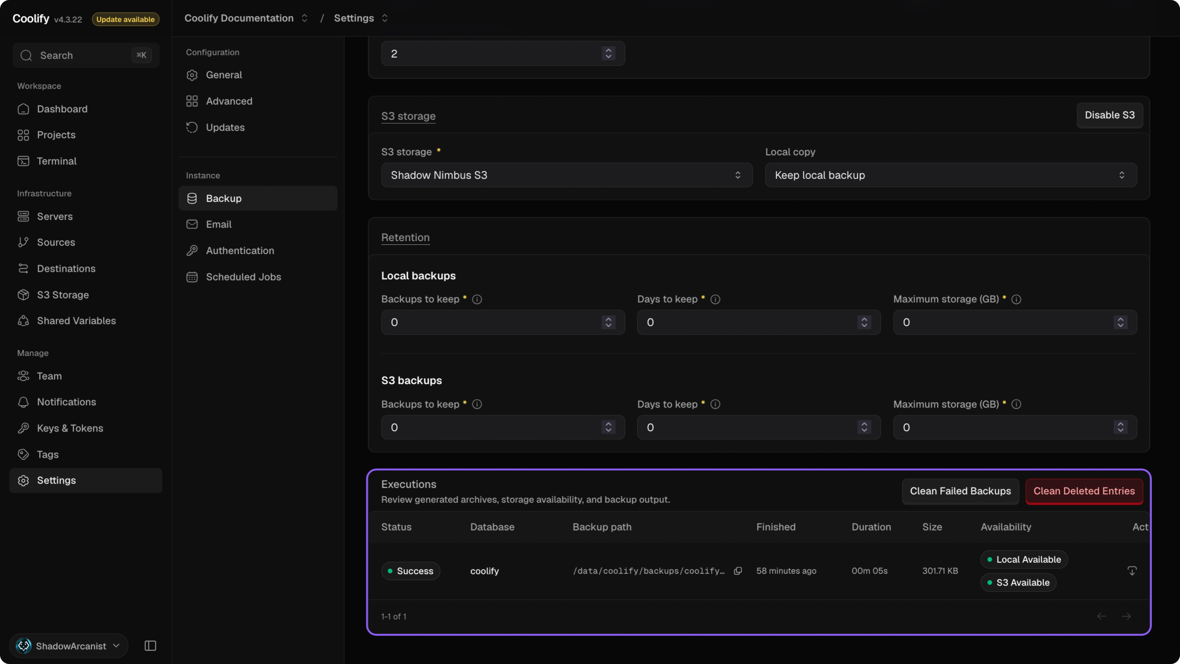 Instance backup execution history
