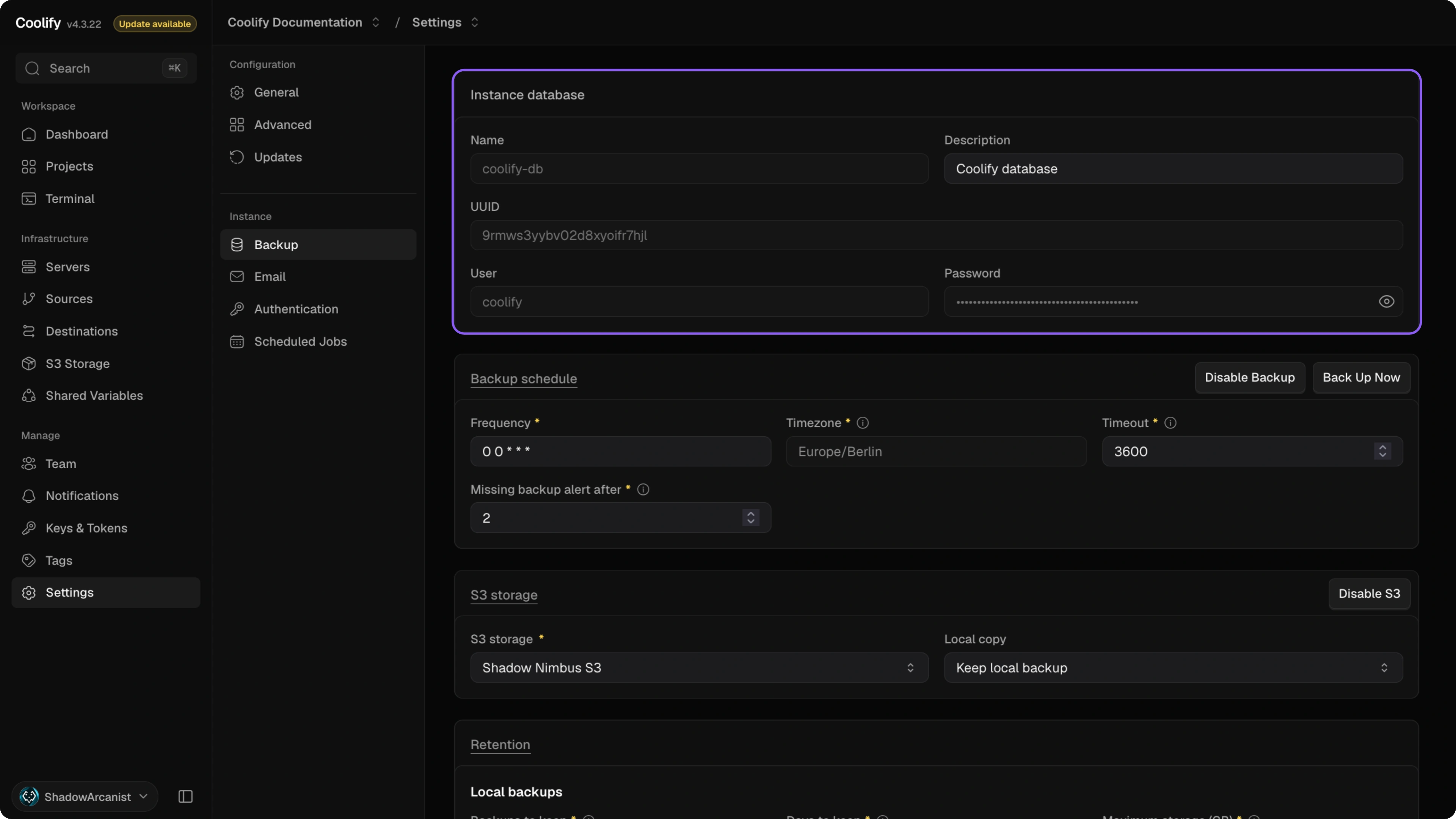 Internal coolify-db resource details on the Backup page