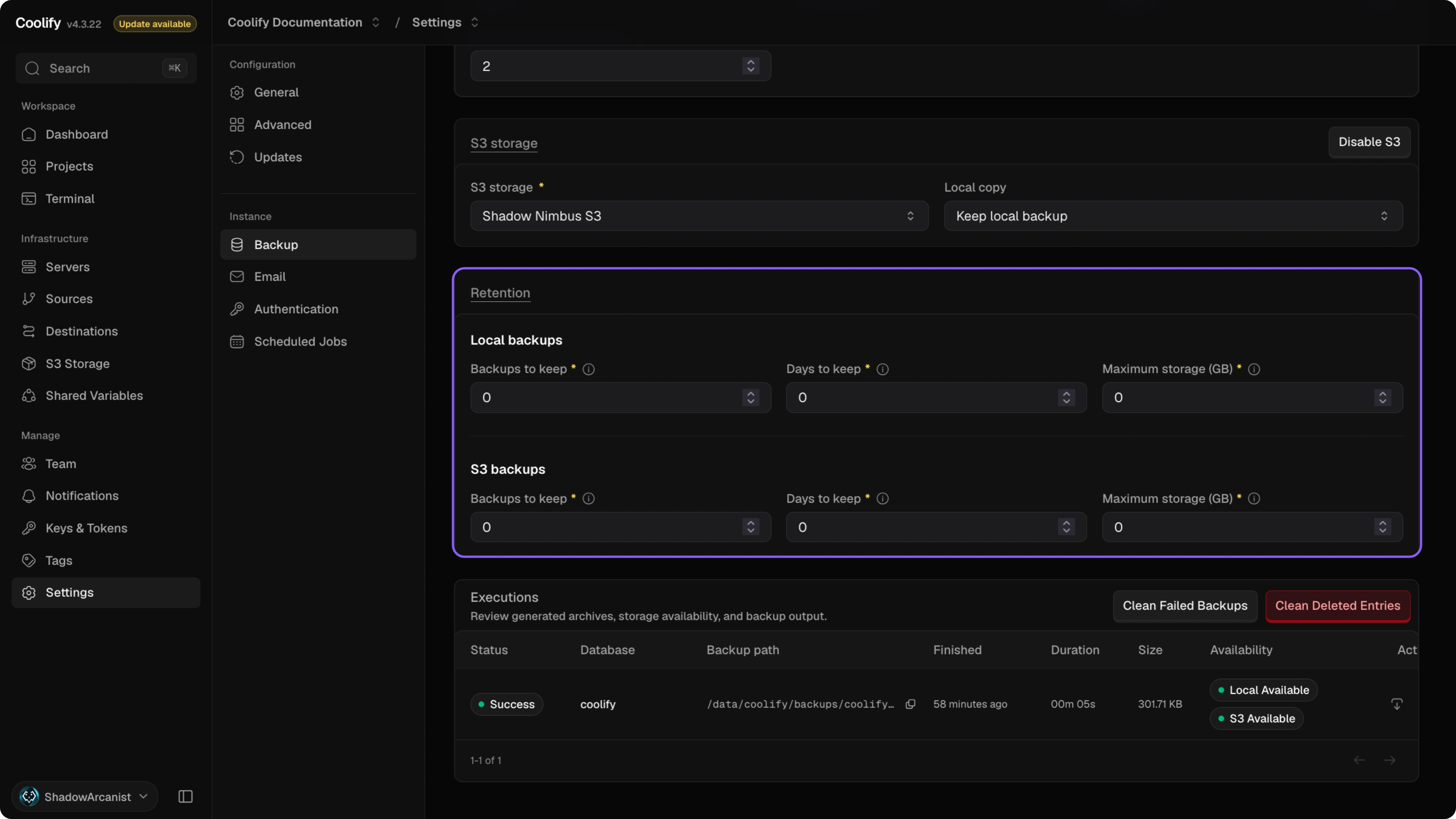 Local and S3 backup retention settings
