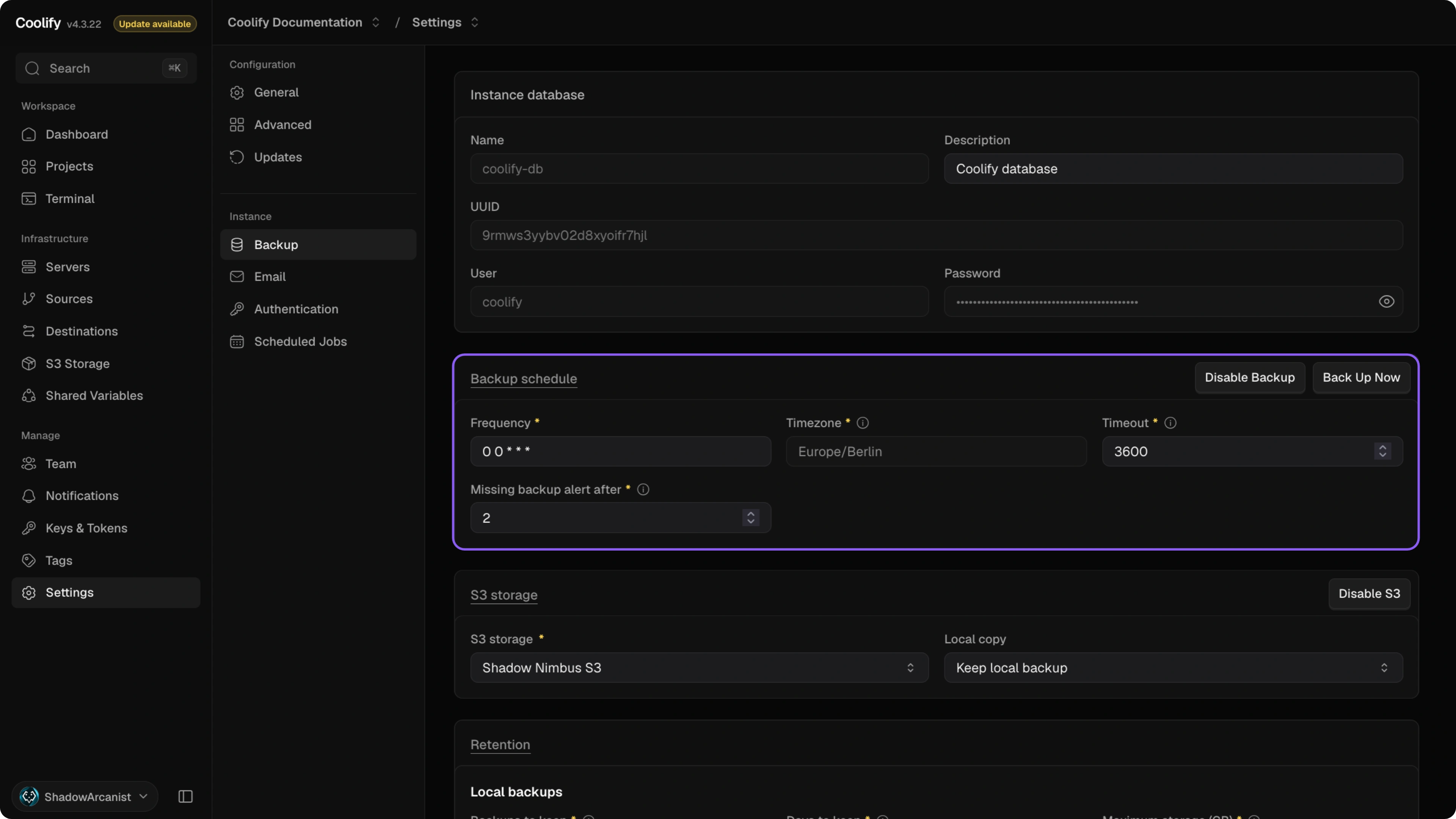 Backup schedule settings on the Backup page