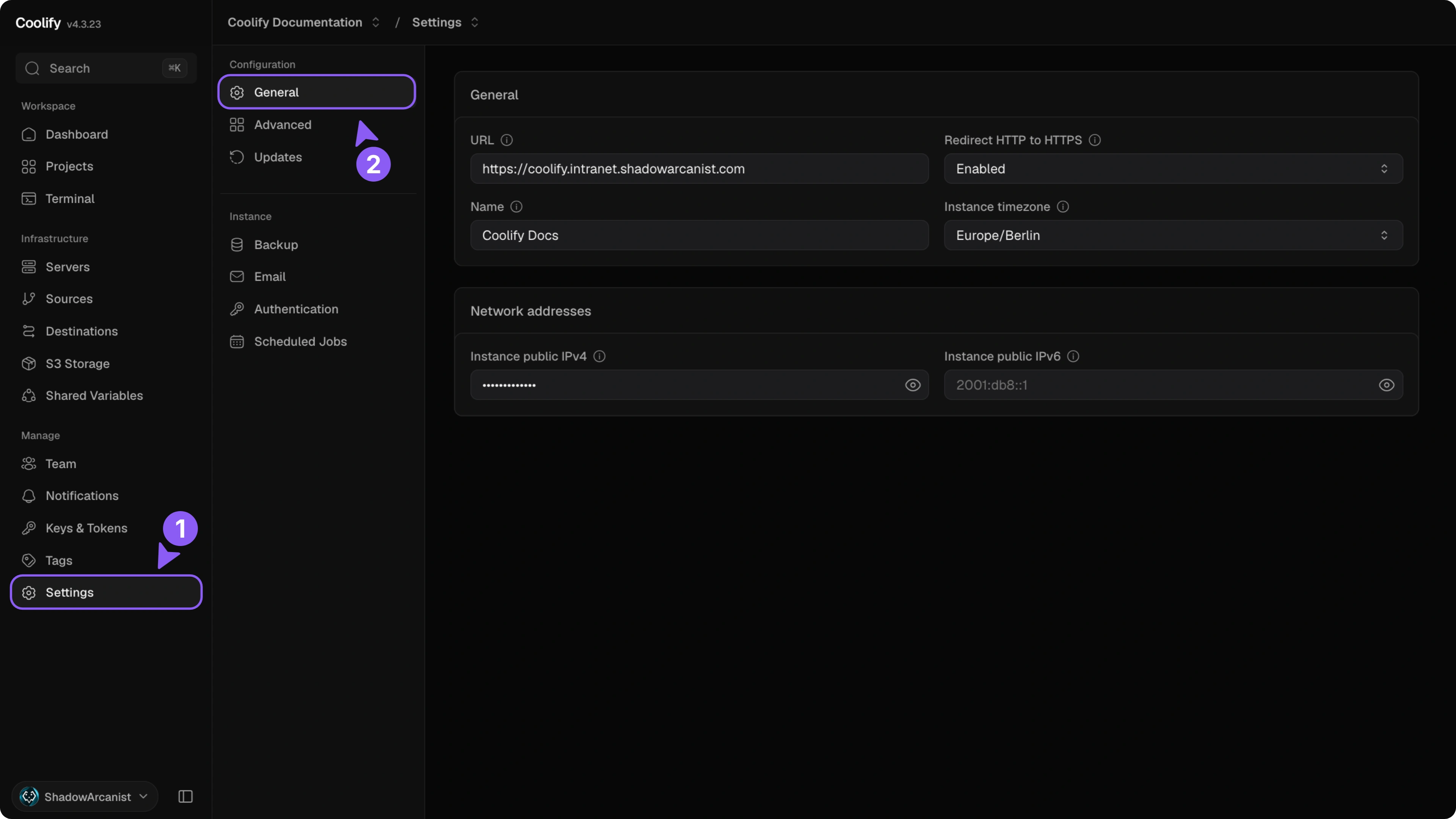 Open Settings, then select General in the instance settings navigation