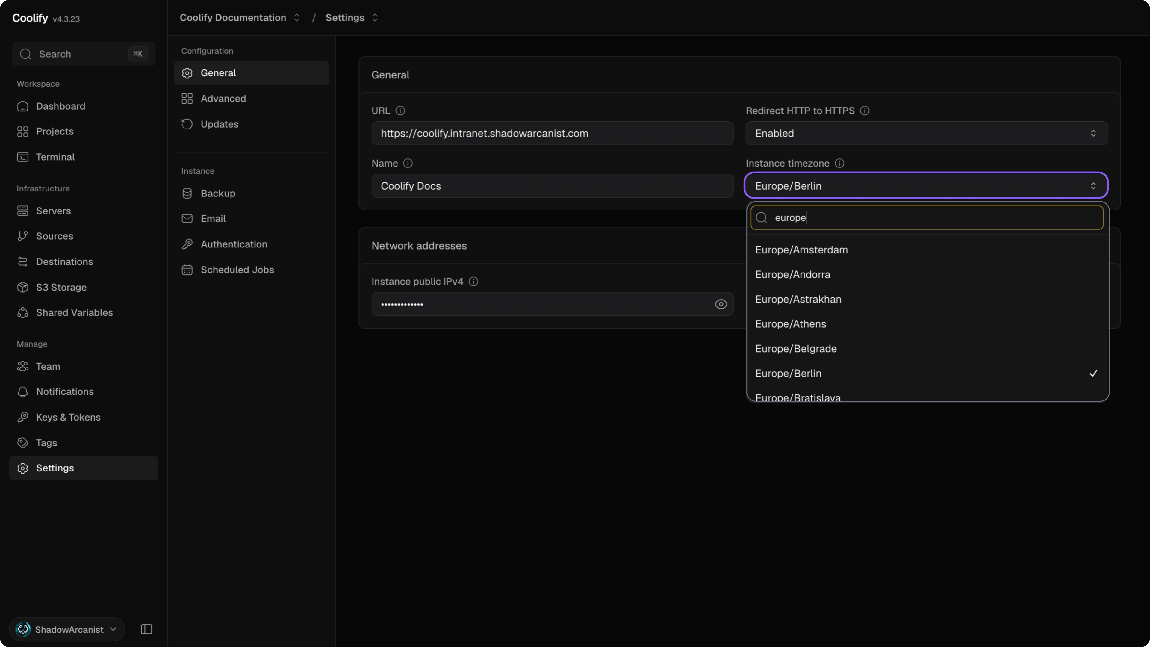 Instance timezone selector in General settings