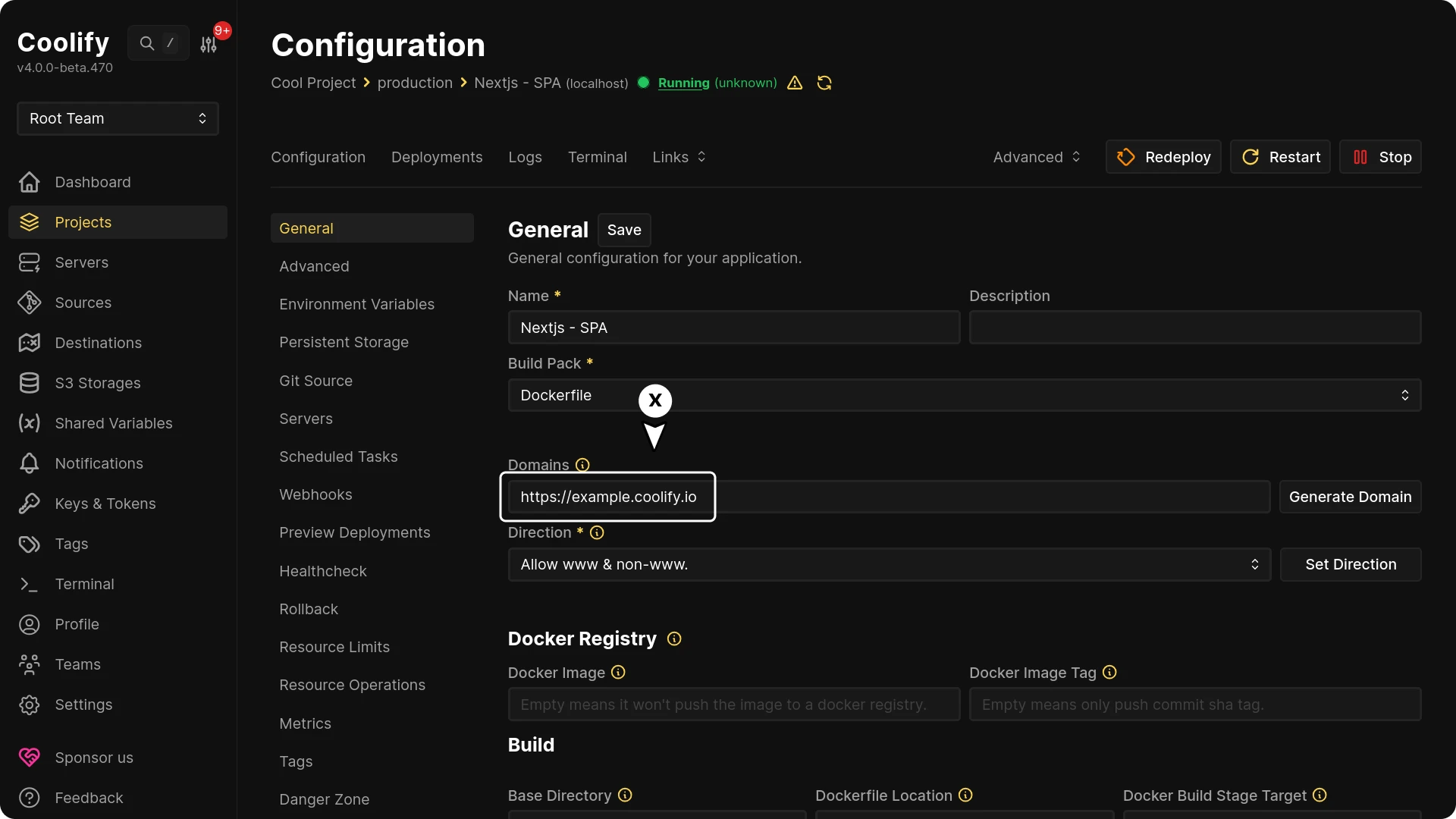 Domain field for a Coolify application