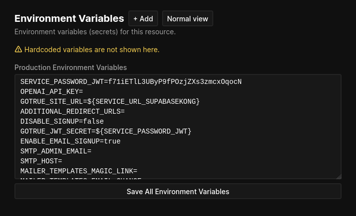 Developer view of environment variables