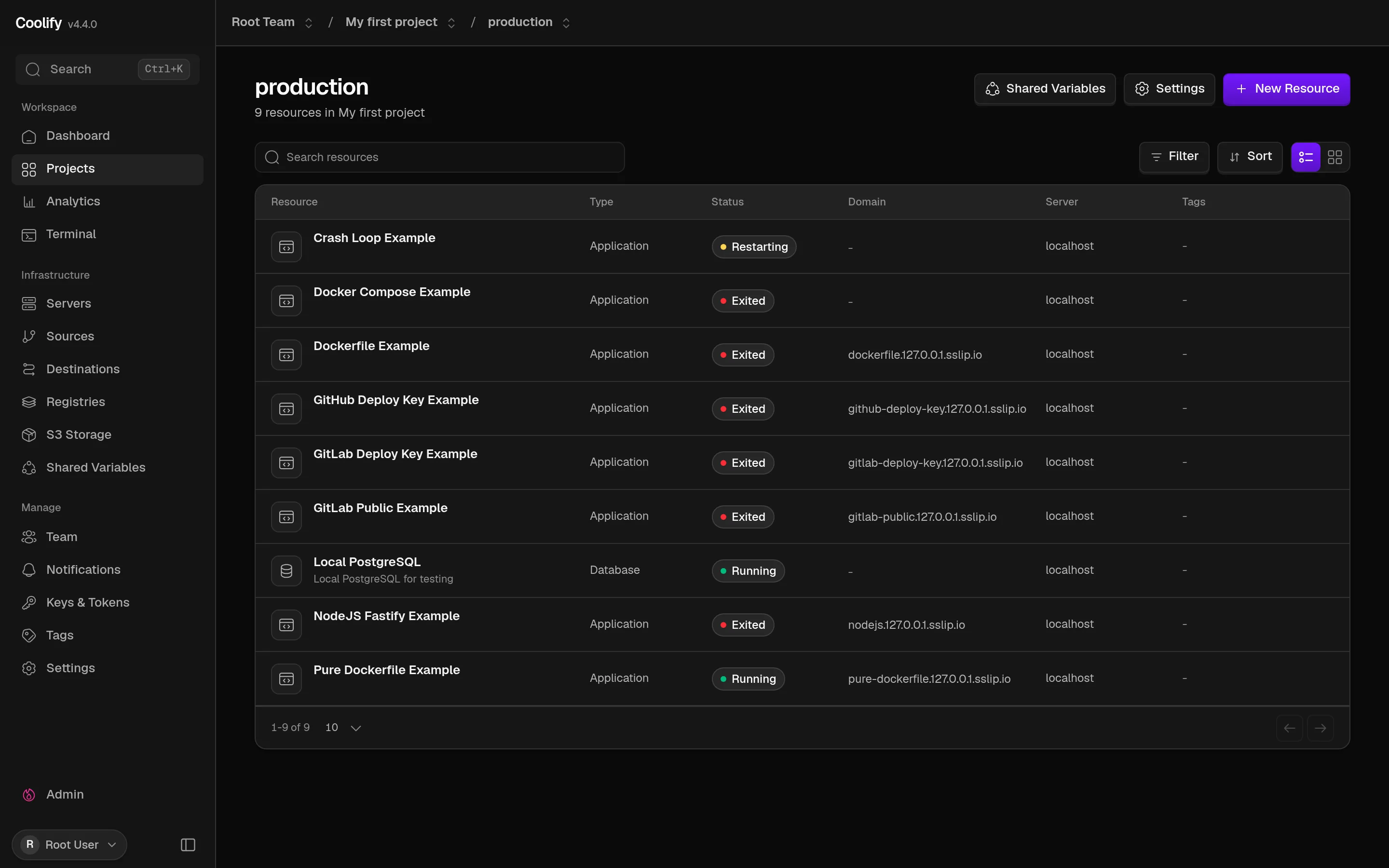 Coolify environment view listing applications and databases with their status, domain and server
